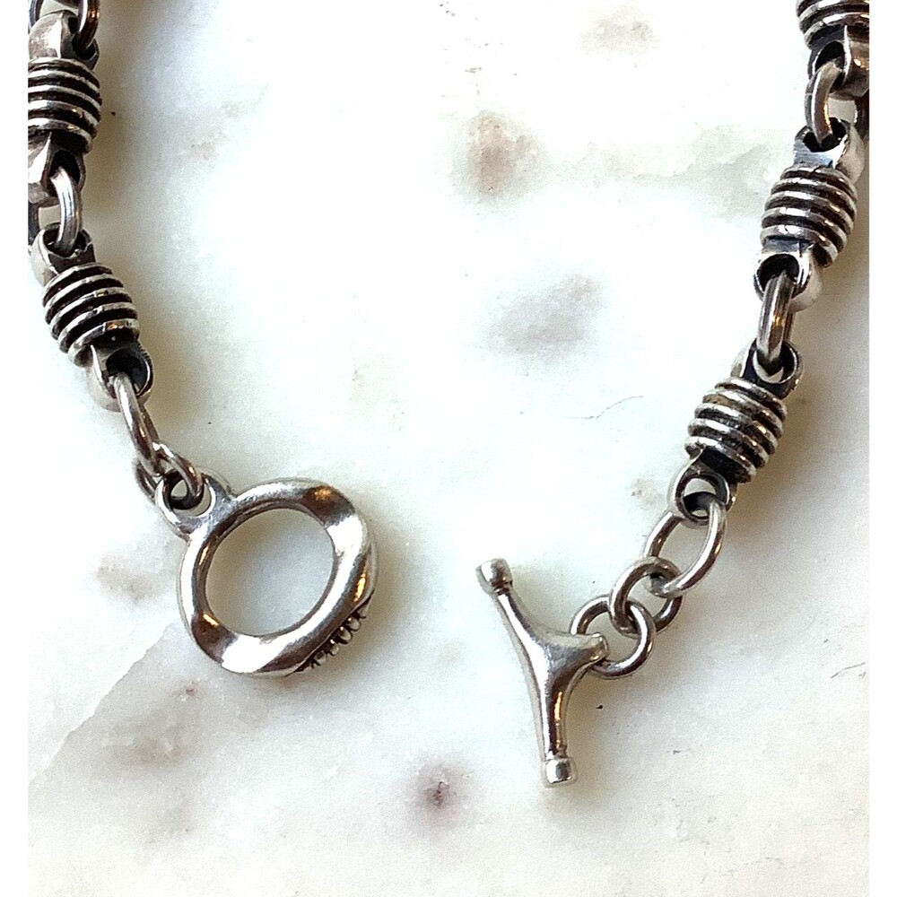 Sterling Silver Bracelet Ribbed Barrel Chain Links Heavy Artisan Signed 925
